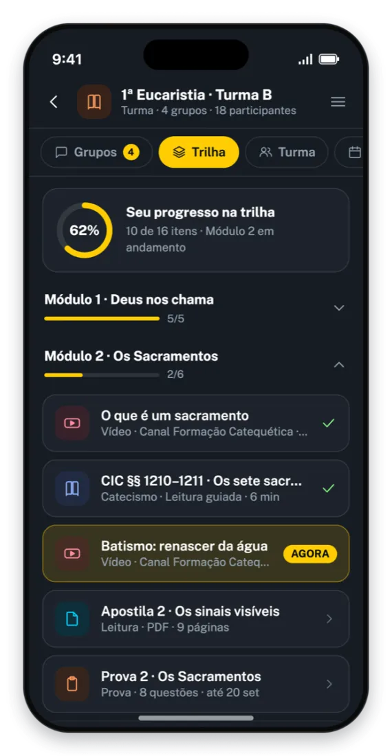 Tela do app: trilha da turma com 62% de progresso