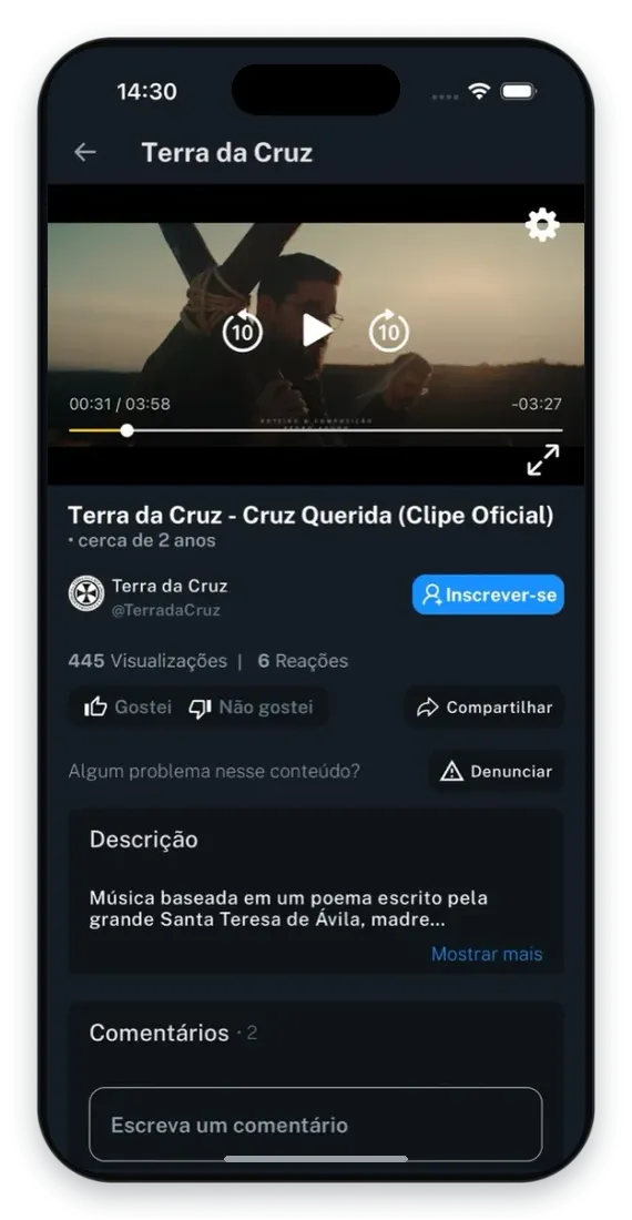 Tela do app: canal católico com um vídeo e os comentários