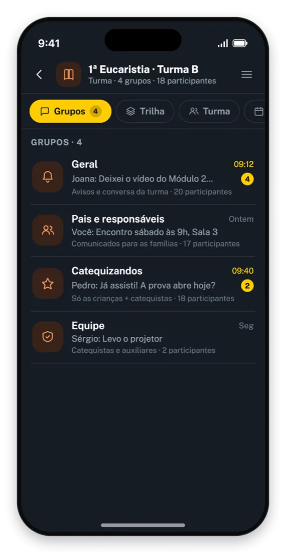 Tela do app: turma da 1ª Eucaristia com os grupos Geral, Pais, Catequizandos e Equipe