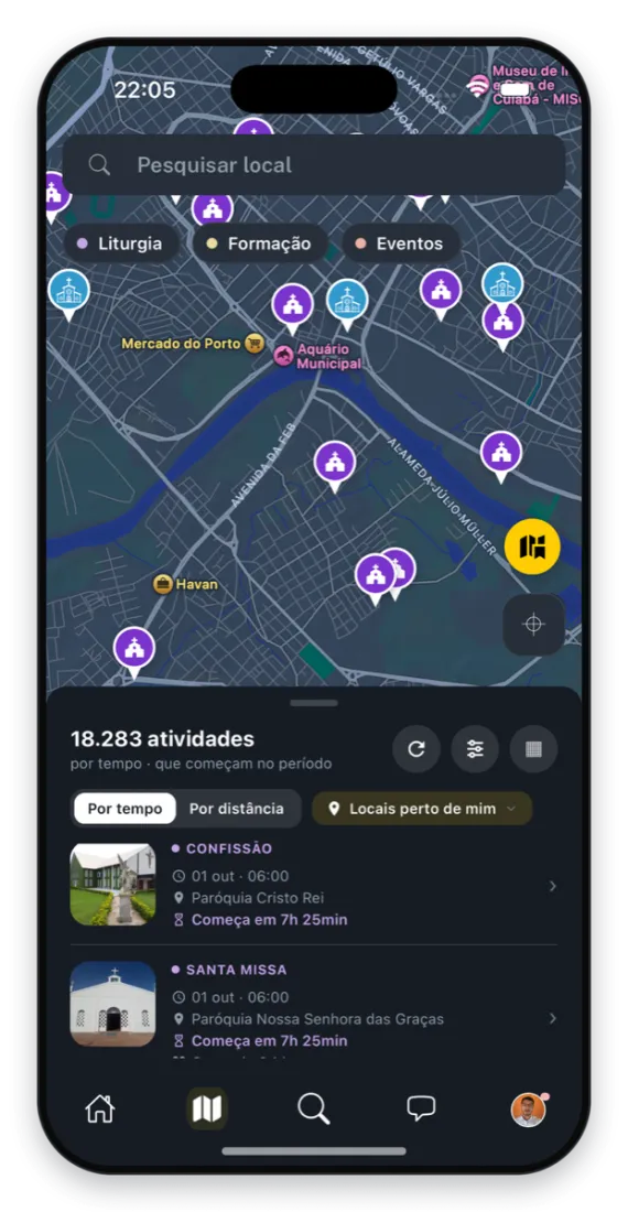 Tela do app: mapa com as igrejas e as missas e confissões que começam em breve