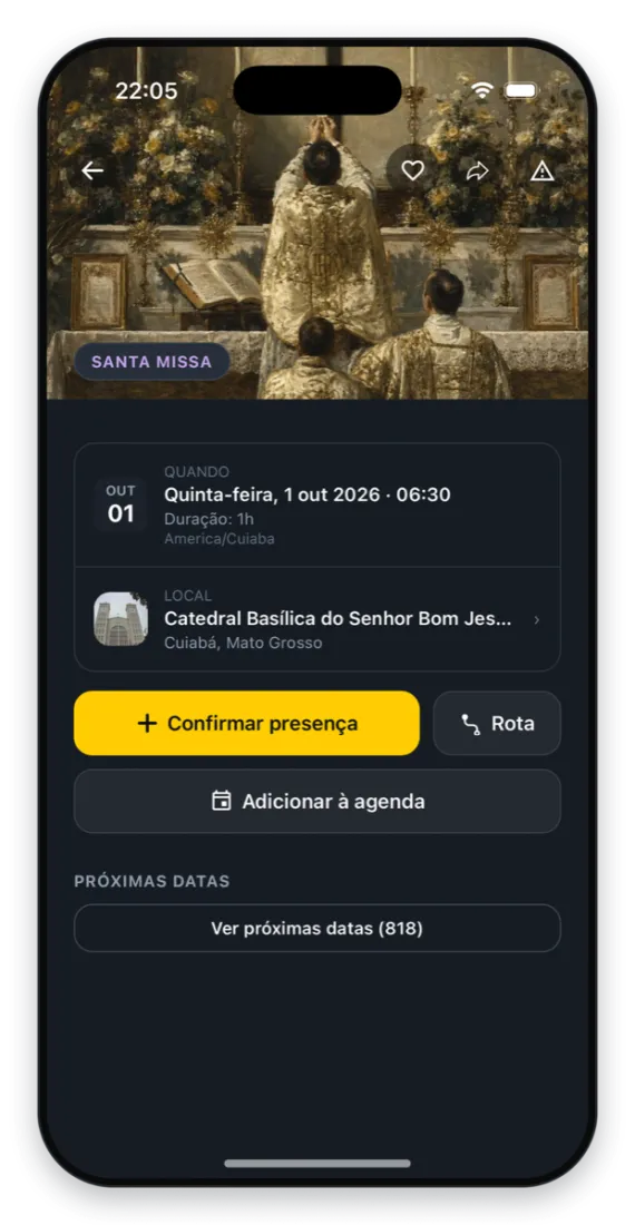Tela do app: Santa Missa com Confirmar presença, Rota e Adicionar à agenda