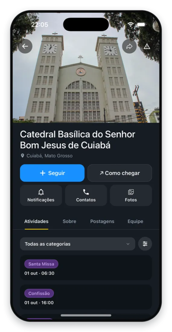 Tela do app: página de uma paróquia com os botões Seguir e Notificações e os horários