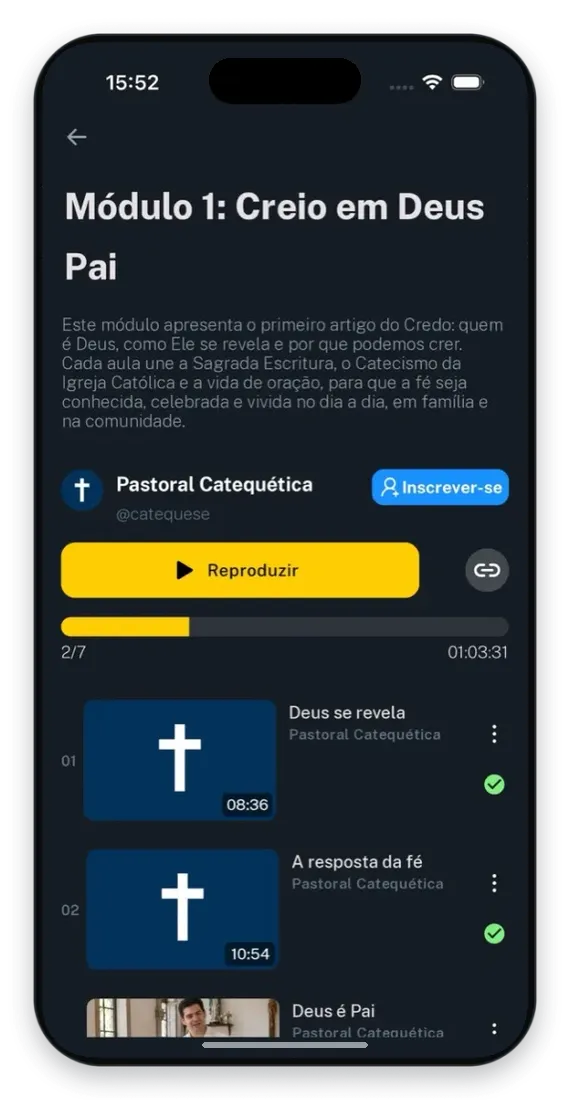 Tela do app: trilha Creio em Deus Pai com 2 de 7 aulas concluídas